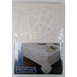 VTG Elrene Crochet Lace Vinyl Tablecloth Large 54" X 72" Oblong White Elegant